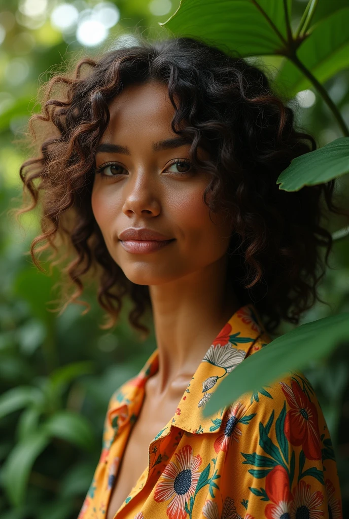A Brazilian woman in a lush tropical garden, wearing an open shirt with a floral print, with a close-up capturing the harmonious beauty between her breasts and the natural flowers, showing off your natural charm and outgoing personality.