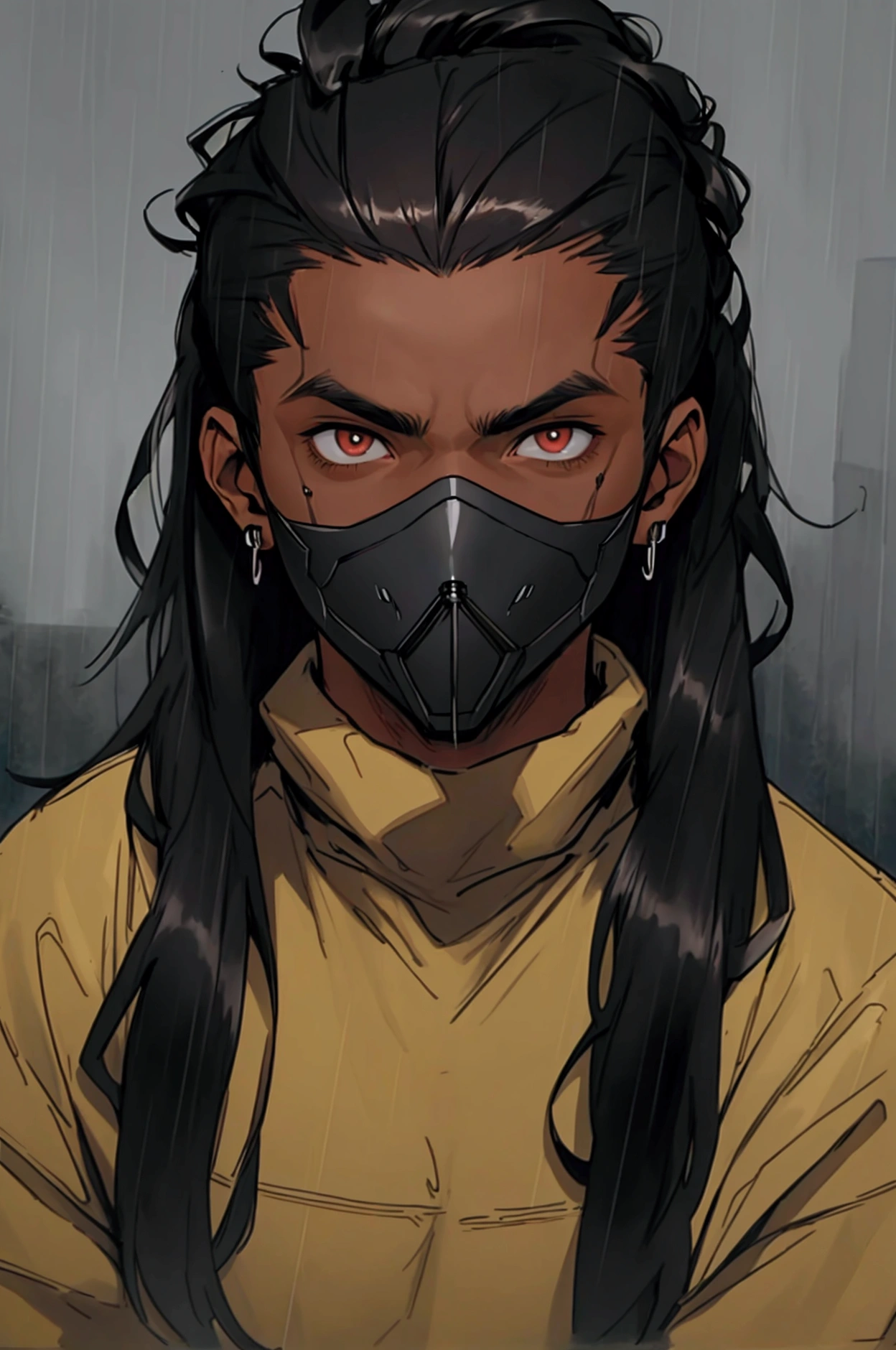 naughty man, brown skinned, slickedback hair, with mask on mouth, dark shaped eyes, JUST THE FACE, in the rain, the night, blackquality hair, side hairstyle, with black sweatshirt, medium length hair, ((best quality, extreme quality, masterpiece)), realism --auto --s2
