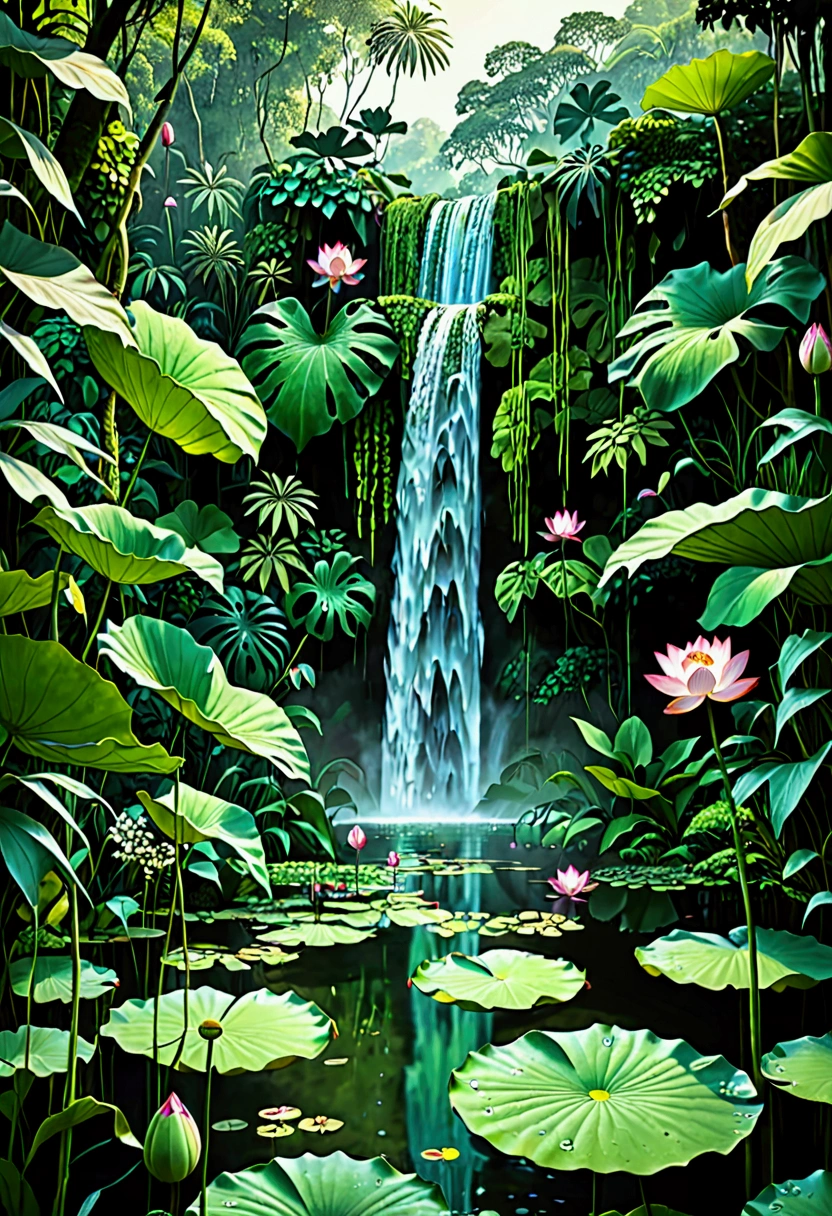 I want to create a realistic photo of a dense jungle with a range of green colors in its trees and a super realistic waterfall that comes out of the jungle and ends in a lake with flowers and grass around it and in the lake beautiful lotus flowers.