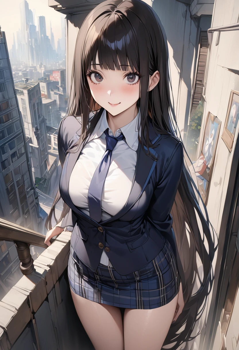 Fantasy art、((masterpiece,best quality anime,Highest quality:1.3)),realistic,portrait,1woman,(Mature Beauty),((very small head:1.4)),((very long body:1.3)),long hair,black hair,bangs,(gorgeous big eyes),black eyes,smile,(School uniform、Dark blue blazer jacket、Navy blue tie、Dark blue plaid mini skirt),white collared shirt,((slender body:1.3,skinny:1.2)),medium breasts,standing,on road,Magic City、High-rise buildings、A world of magic and fantasy,