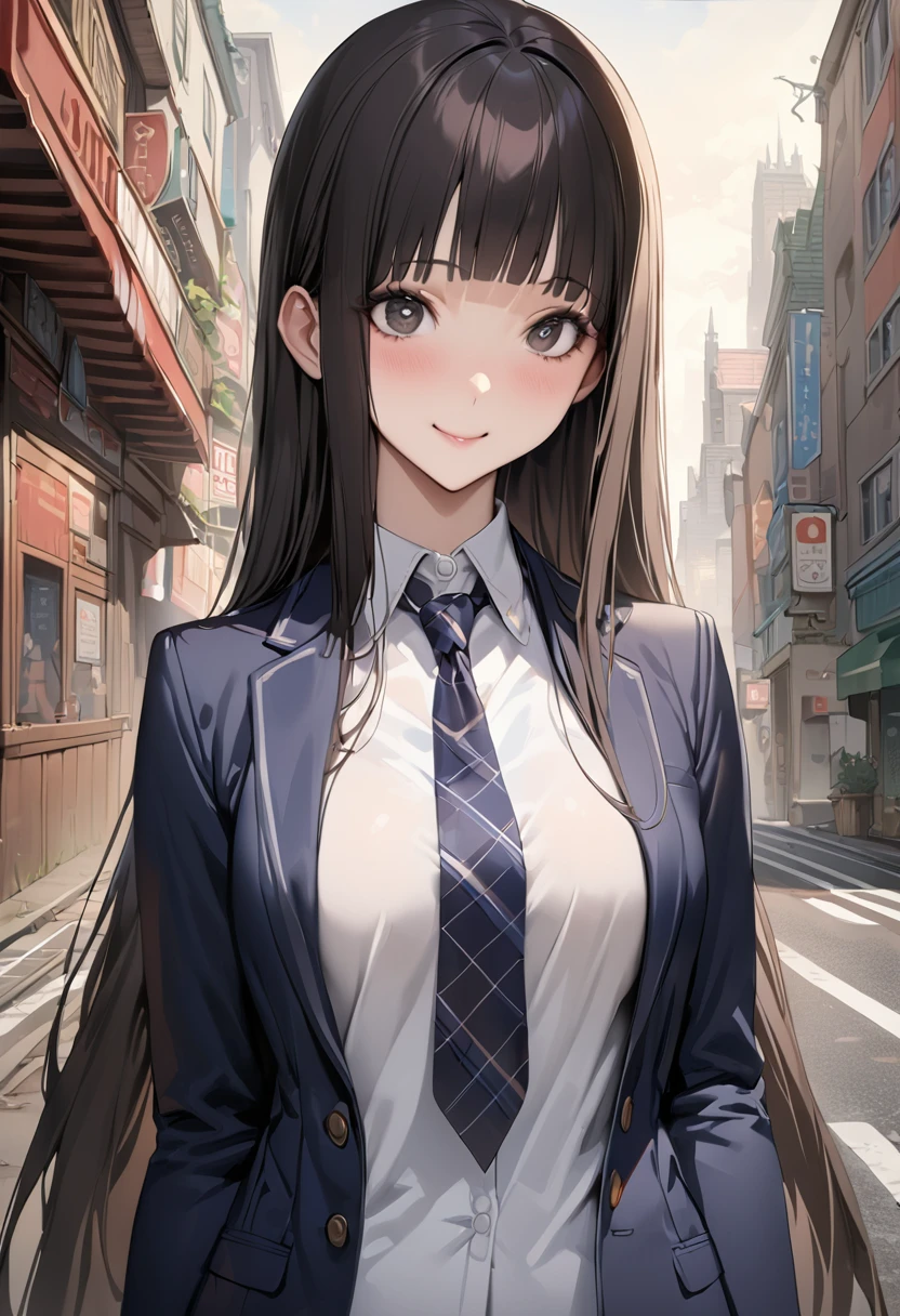 Fantasy art、((masterpiece,best quality anime,Highest quality:1.3)),realistic,portrait,1woman,(Mature Beauty),((very small head:1.4)),((very long body:1.3)),long hair,black hair,bangs,(gorgeous big eyes),black eyes,smile,(School uniform、Dark blue blazer jacket、Navy blue tie、Dark blue plaid mini skirt),white collared shirt,((slender body:1.3,skinny:1.2)),medium breasts,standing,on road,Magic City、High-rise buildings、A world of magic and fantasy,
