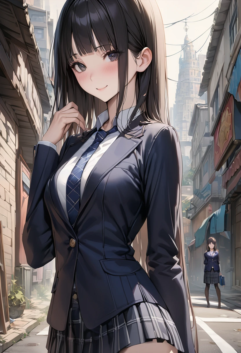 Fantasy art、((masterpiece,best quality anime,Highest quality:1.3)),realistic,portrait,1woman,(Mature Beauty),((very small head:1.4)),((very long body:1.3)),long hair,black hair,bangs,(gorgeous big eyes),black eyes,smile,(School uniform、Dark blue blazer jacket、Navy blue tie、Dark blue plaid mini skirt),white collared shirt,((slender body:1.3,skinny:1.2)),medium breasts,standing,on road,Magic City、High-rise buildings、A world of magic and fantasy,