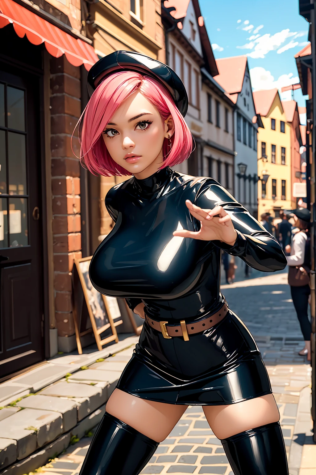 (ultra realistic,32k, masterpiece:1.2),(high detailed skin:1.1),( high quality:1.1)
trgrunthgss, short hair, pink hair, (pink eyes:0.5), long sleeves, short bodycon dress, shiny latex dress, thigh highs, ("R" text:1.2), belt, black headwear,,fighting stance pose, (huge breast,large breast,:0.9),(golden hour:1.1)   cobblestone street, historic buildings, charming cafes, european ambiance, blurry background