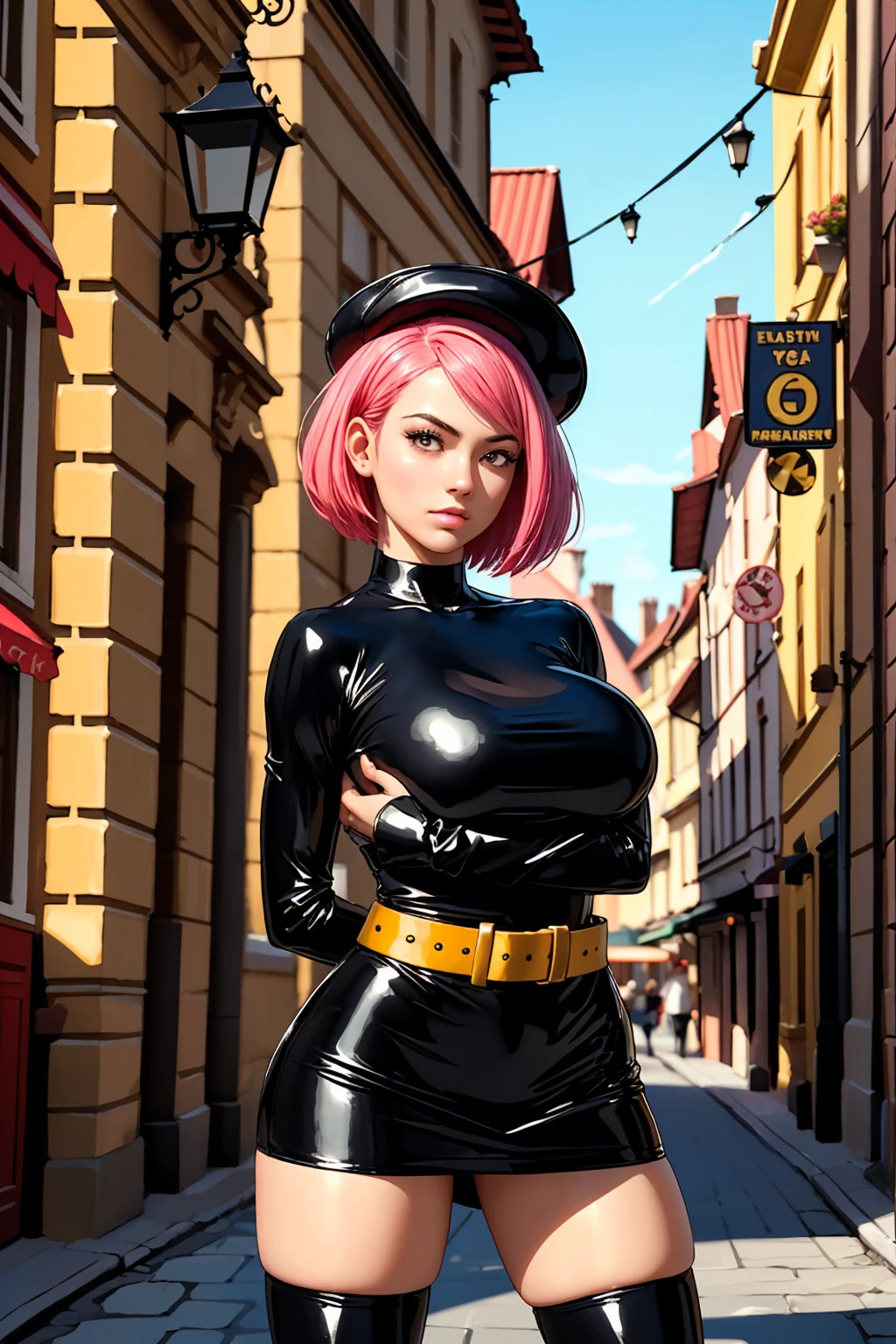 (ultra realistic,32k, masterpiece:1.2),(high detailed skin:1.1),( high quality:1.1)
trgrunthgss, short hair, pink hair, (pink eyes:0.5), long sleeves, short bodycon dress, shiny latex dress, thigh highs, ("R" text:1.2), belt, black headwear,,fighting stance pose, (huge breast,large breast,:0.9),(golden hour:1.1)   cobblestone street, historic buildings, charming cafes, european ambiance, blurry background