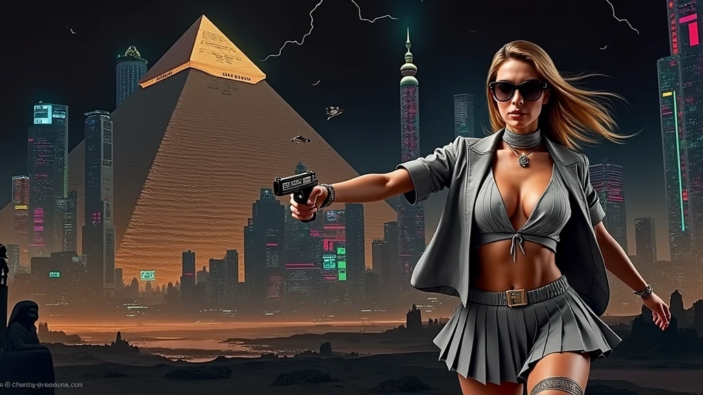 Futuristic cityscapes with colorful all-glass outlined towering skyscrapers with lightning, flying vehicle. High-resolution OLED GUI interfaces in the building, The windows are filled with transparent data visualization infographics that show it all, ancient Egyptian fantasy arts, ancient Egyptian statue, (ancient Egyptian hieroglyphics), sphinx, pyramid. Colors are saturated and vibrant. At night, (1girl, solo, alone), photorealistic, large- slim:0.6 body, oval:0.5 face, cleavavery low angle view of pleated miniskirt, deep-v, (upskirt), glovrix style black micro sunglasses), (aiming viewer with a short gun), dynamic running pose, ((half-body thigh level close-up shot)), cinematic lighting, ray tracing, motion blur background.