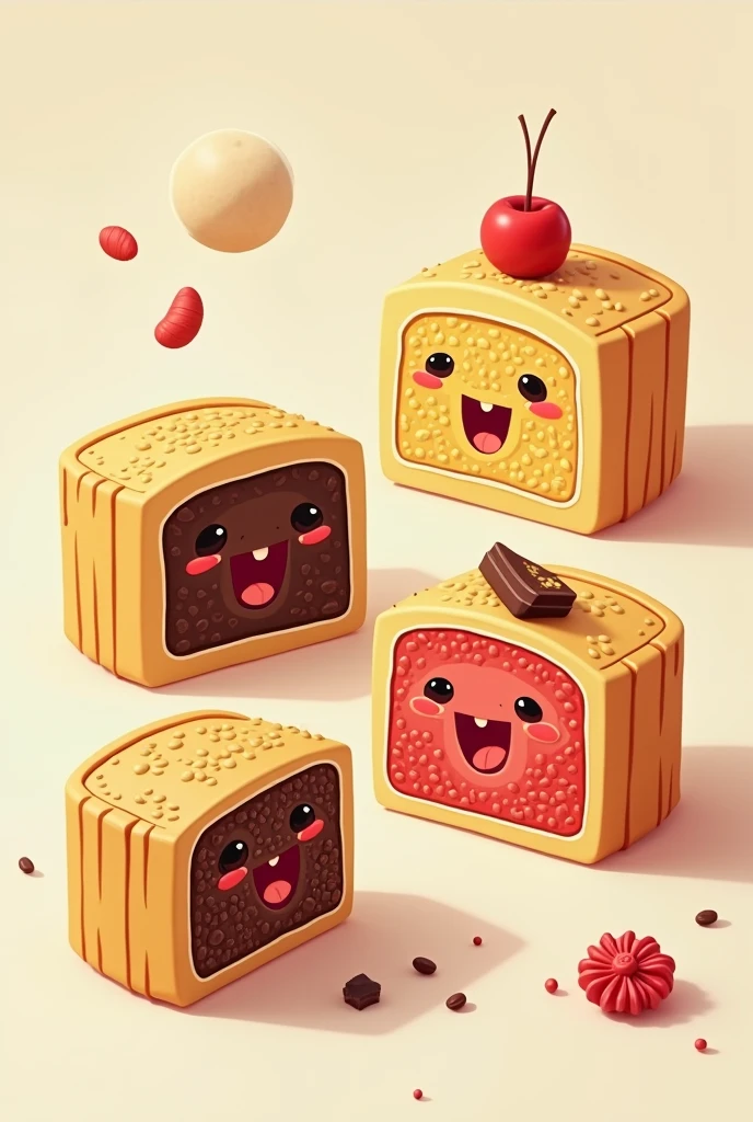 Photos of four types of mooncakes，To see the side view of the filling，With black sesame，Red beans，Lotus paste and chocolate cartoon