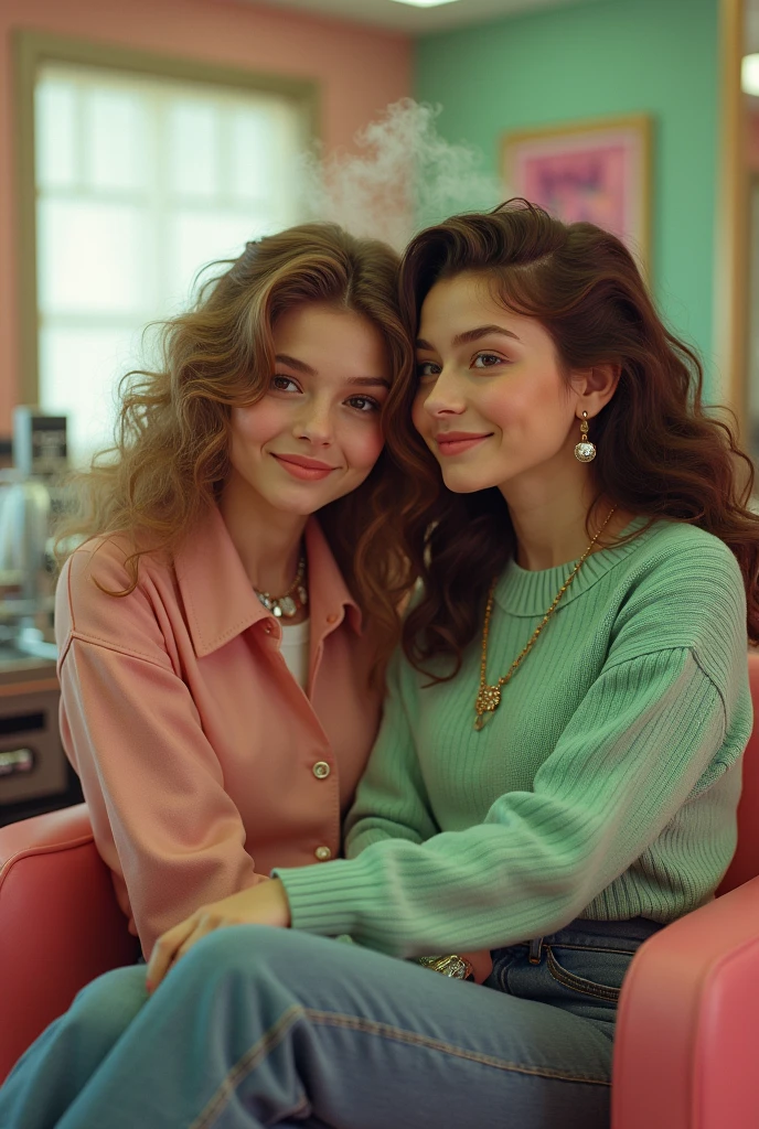 two teenage girls Sitting and steaming my hair At the steam machine
In the 80's hair salon, pastel brown and pastel green tones.