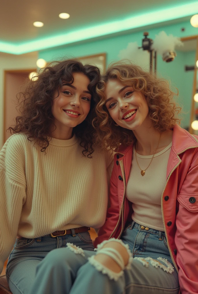 two  girls Sitting and steaming my hair At the steam machine
In the 80's hair salon, pastel brown and pastel green tones.