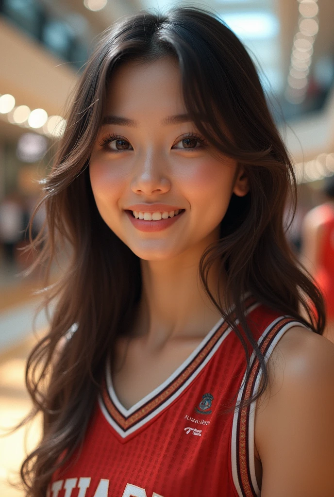 (masterpiece,Highest quality:1.4),(8k,RAW Photos,Photorealistic:1.4),Ultra-high resolution, ,(Glowing Skin:1.4),Detailed肌,Detailed顔,Detailed目,(Beautiful and shining eyes:1.2),Symmetrical eyes,Detailed耳,One person,Natural Makeup,(((Idol))),,Detailed背景,Vivid background,Beautiful and shiny hair,,((Average teenage breasts)),,(Detailed basketball uniform,student,gym,full body),Beautiful Asian face,((Sharp Face)),Natural light,,(Very detailed ,,online shopping,LUMINE® Market,),smile,,Professional,(Detailed,Location was great.),