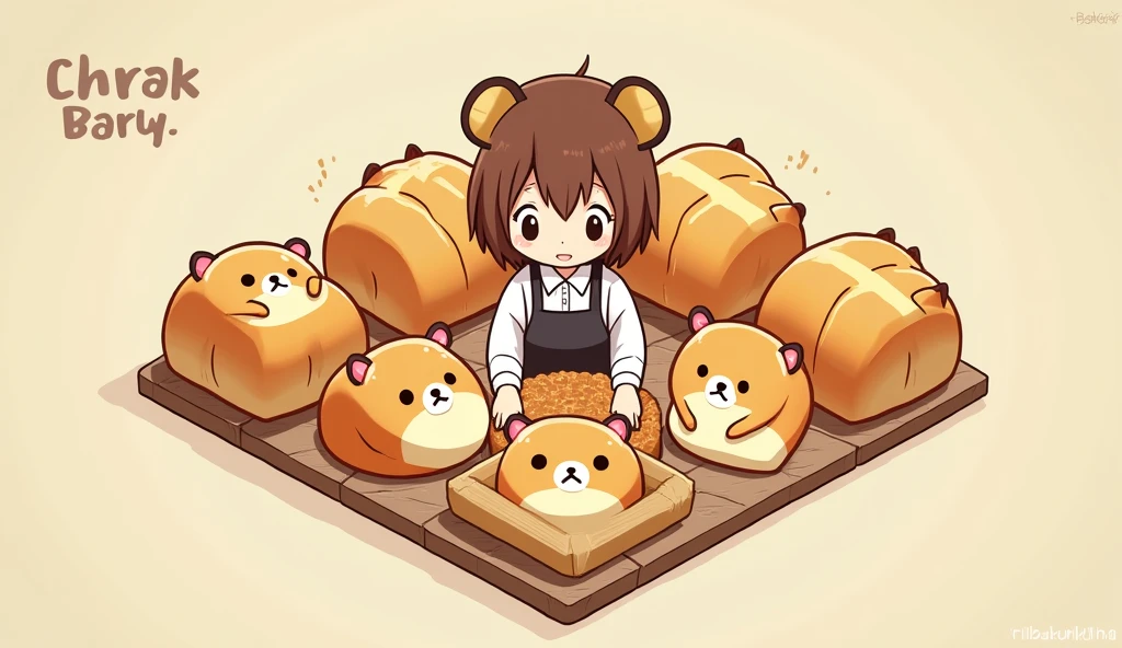 (masterpiece:1.2, Highest quality,Ultra-high resolution,Super detailed),8k,(wallpaper),(Best illustrations:2.0),(Cute chibi woman working in a bakery:2.0),(The bakery has々A square arrangement of bread featuring small calico cat characters with relaxed expressions in the style of Rilakkuma.,Bakery Shop,Very simple design),(isometric illustration)
