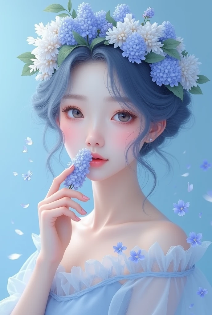 A beautiful young Asian woman with soft, pastel blue hair and flawless skin. She wears a crown of delicate blue and white flowers, including lilacs and peonies. Small, delicate blue flowers are scattered across her cheeks, adding a touch of whimsy. She holds a sprig of lilac to her lips, her expression soft and innocent. The background is a solid, matching blue, creating a harmonious and dreamlike portrait.