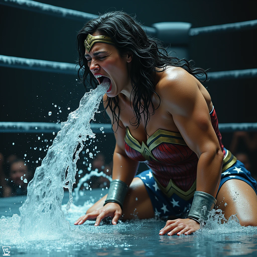 (sweaty)(muscular)A very sweaty Wonder Woman is vomiting in the ring, she spits out lot of visible water repeatedly. Lot and Lot of water continously dropping from her mouth to the floor. There is lot of sweat on her muscular body. She's coughing and breathing hard.