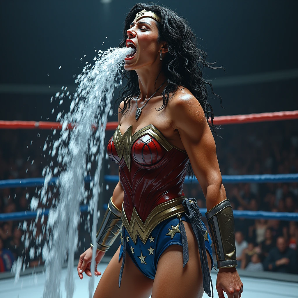 (sweaty)(muscular)A very sweaty Wonder Woman is vomiting in the ring, she spits out lot of visible water repeatedly. Lot and Lot of water continously dropping from her mouth to the floor. There is lot of sweat on her muscular body. She's coughing and breathing hard.