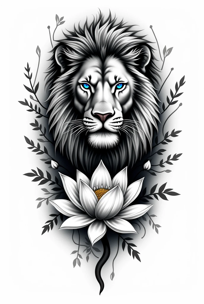 Indian style tattoo with lion with blue eyes, une fleur de lotus le tout en noir et blanc