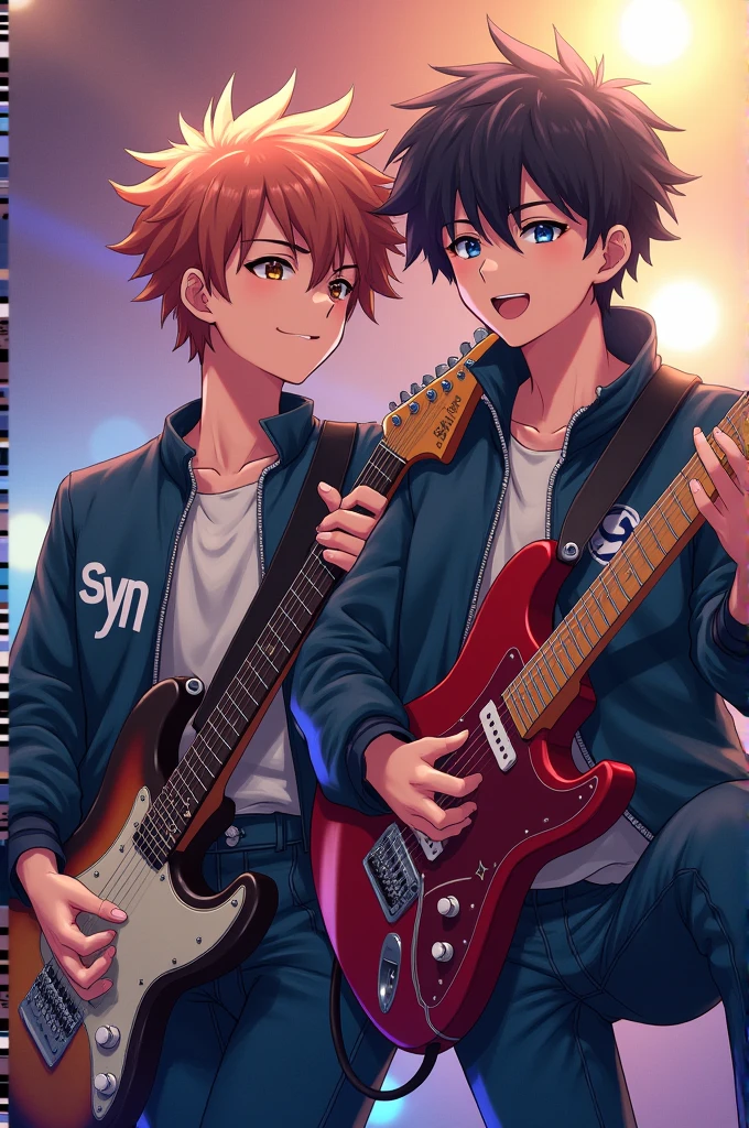 For a 2 anime guy playing guitar wearing a jacket with writing "SYN"
