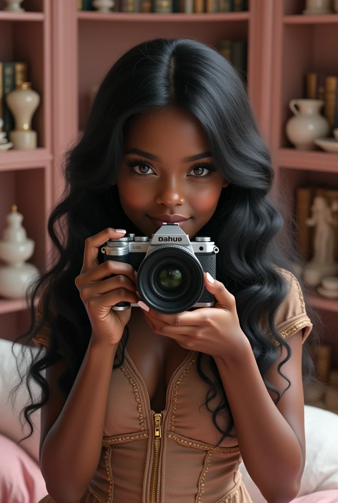 (photorealism:1.2), beautiful woman, with angelic face, with a camera, dark-skinned, with big dark brown eyes, with perfect makeup, Long hair, wavy and black, with a background of a pink room full of books, teacups and dolls and she wears an elegant rococo style fantasy brown dress