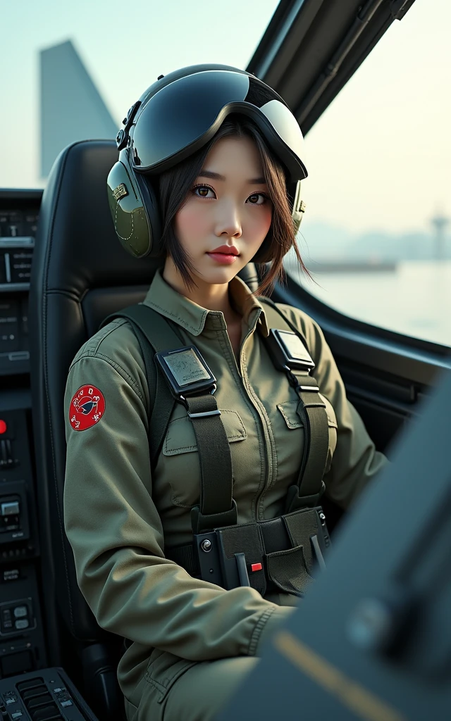 Exposed nipples、Air Force Pilot、Pose in front of a fighter、Photographed on the runway、There&#39;Mr. Pilot&#39;S helmet、look up sky。dark green flight suit、High exposure、Photorealistic images of solo idols, Morning Musume inspired by Eri Kamei, Radiates charm and beauty with plenty of bust and subtle exposure of cleavage. The image is、Must reflect a real person of the highest quality, Powered by Ultra-HD (16 K) resolution, crisp detail, Vivid colors, Dynamic Range, Soft bokeh, Fine texture, Realistic realism, Pin Sharp Focus. The camera setup is、Nikon D850 and NIKKOR Z 58mm Boobs Boobs Boobs Boobs F。/0.95 S Noct lens,  The setting must be ISO 64, F/0.95, Shutter speed is 1/60. --ar 16:9 - V5.1 --Style raw --Q 2 --S 750