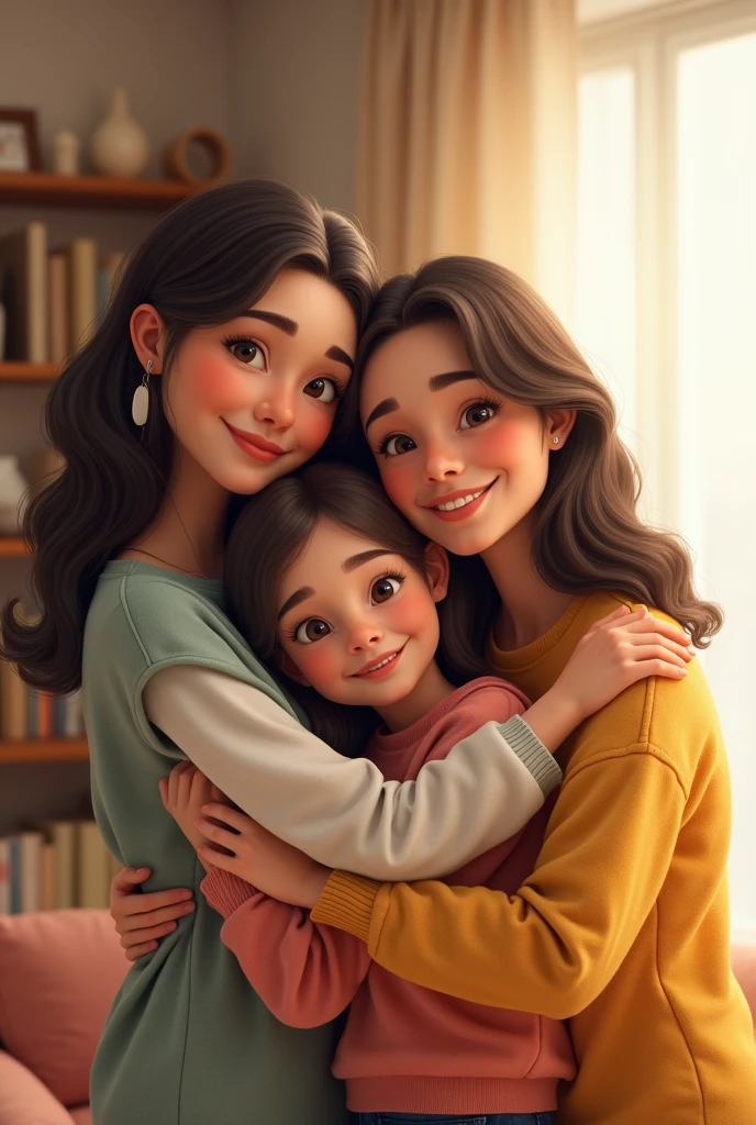 A 2 women with her parents happily in her house
