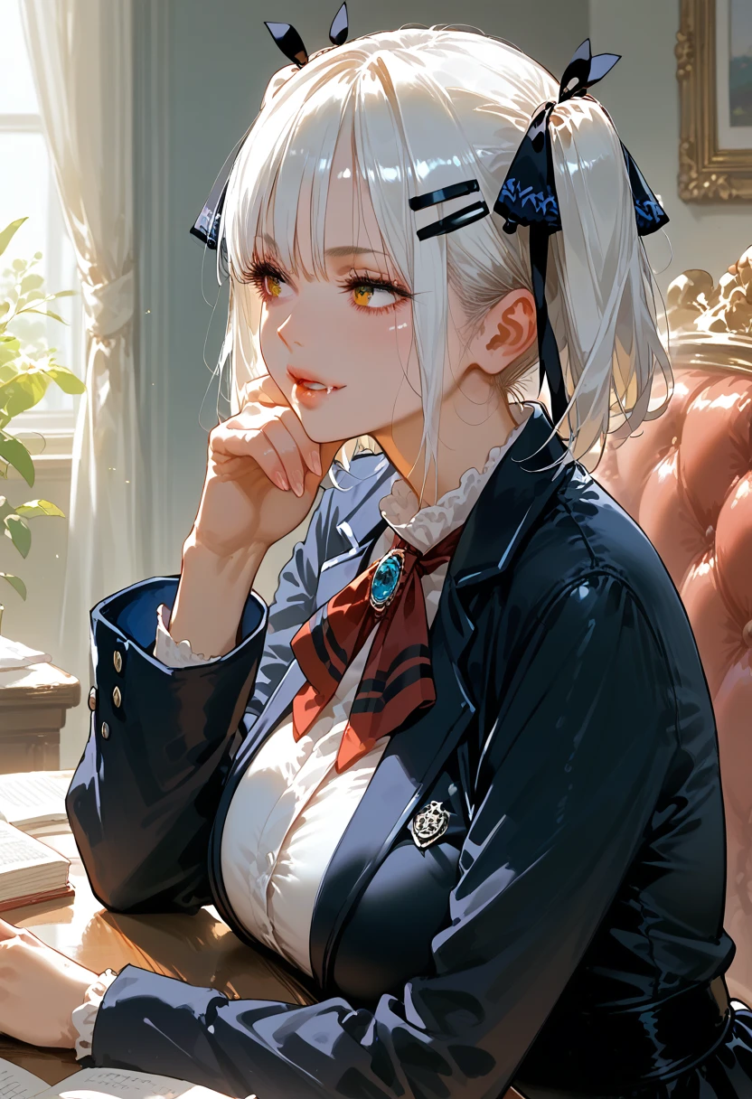 1girl, (masterpiece:1.1), (best quality:1.1), (white blouse:1.1), (plaid skirt:1.1), school uniform, high waisted skirt, break [blue:pink:0.5] theme, (gradient background:1.1), cowboy shot, break silver, long hair, black eyes, delicate tiara, front, In the classroom, sitting at the desk, the book is on the desk, reading