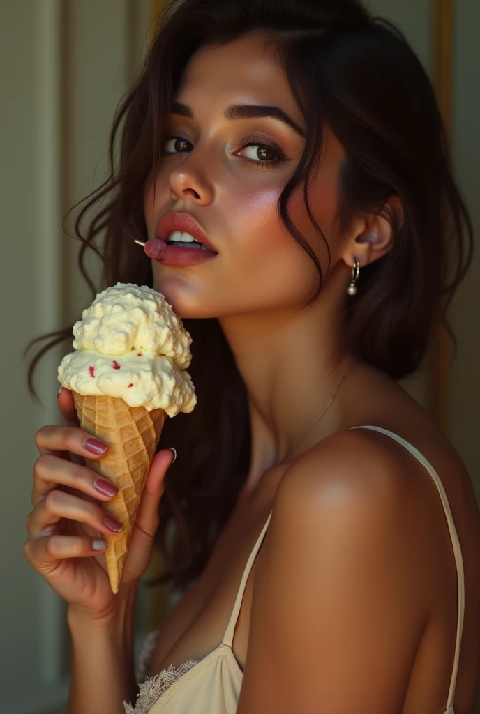 A reak women with bit tits and boobs eating icecream