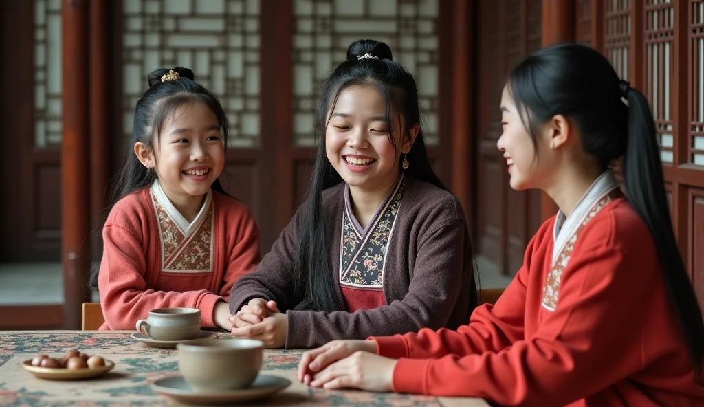 Young chinese girls and woman of random ages chating and laughing in ancient chinese room while sitting down.