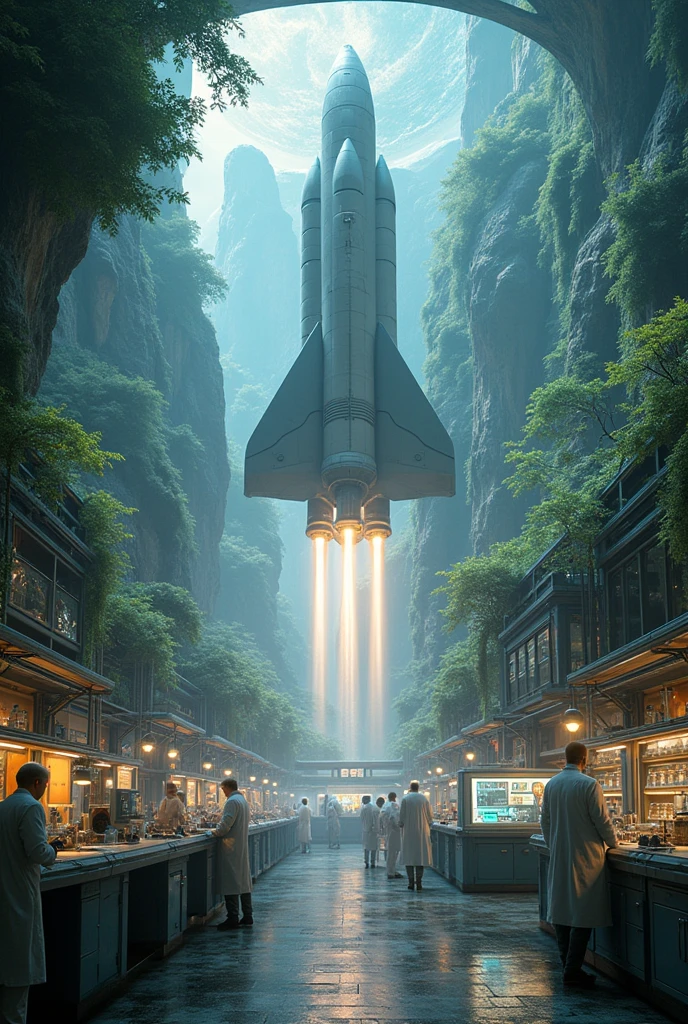 Best hyper realistic open nature interacted themed bioweapon laboratory advanced inside view with multiple equipments specimens scientists employees in work pose busy in their action and futuristic theme experiment and creating api and drugs show it huge lab centred with bio waste and products and nano technology with nano bots must add on a rocketship
scifi styled