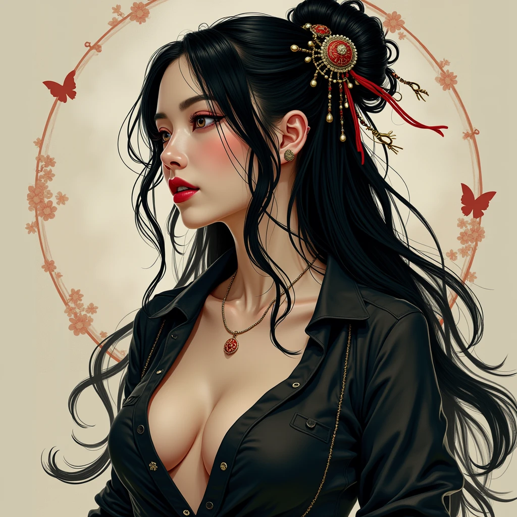 1 girl, very detailed, very beautiful, very roman chinese, very long hair, gigantic big breasts, open mouth, unbuttoned, slim waist, view from above, very hair ornament, very silhouette, very Punk woman,