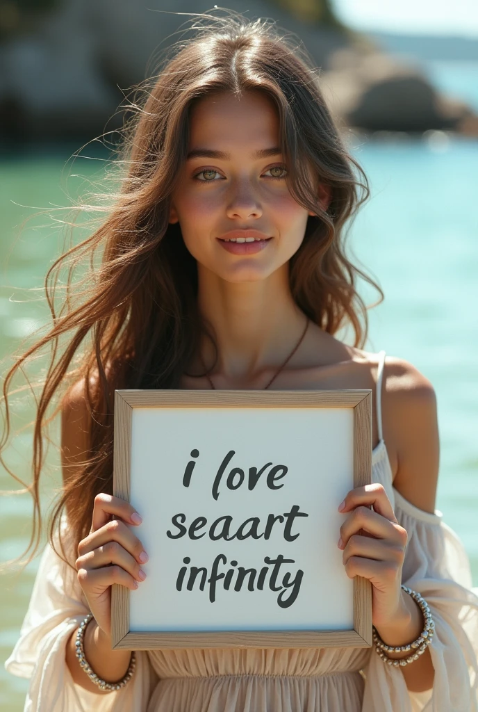 Beautiful girl with wavy long hair, bohemian dress, holding a white board with text "I Love Seaart Infinity" and showing it to the viewer