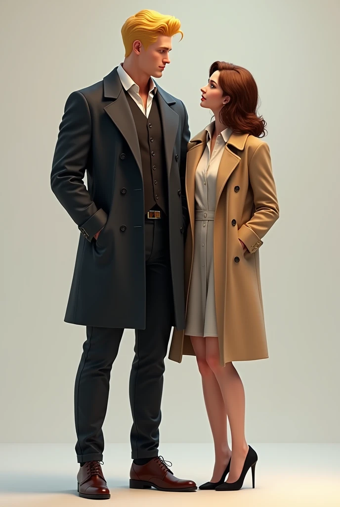 A man with a good body and blond hair of 1.80 tall 2 next to a woman.70 tall, white, 2 brown hair, the 2 people with clothes