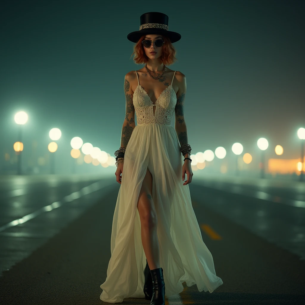 Créer une image de haute qualité 16k, photo réaliste, tres longue pause, pellicule kodak, objectif canon 85mm ,planreculer, plan large, avec une femme, Ana de Armas, habillée avec une robe blanche. peau légèrement bronzé, pas avancé donnant l'impression d'un mouvement arrêté dans le temps se déplaçant subtilement avec le mouvement de ses pas, brise de vent, ouverte sur les cuisses, des bottes haute noir, un décolleté en "V" faisant apparaître ses seins. elle a cheveux court, tombant autour de son coup, sa chevelure est rouse avec des meche tombante sur visage. tatouge sur bras coup ventre cuisse. elle porte sur la tête Chapeau haut-de-forme violet style victorien vintage steampunk ornementé. aire déprimé. immense piste d’avion la nuit, éclairer par les lumières de puste. les yeux vert perçant. L'un de ses pieds est légèrement avancé, comme si elle était en train de faire un pas en avant vers la camera. petite lunette de soleil ronde. la nuit. Nuit sombre, léger brouillard. L'ensemble de la scène capture un moment de puissance, de détermination et de grandeur