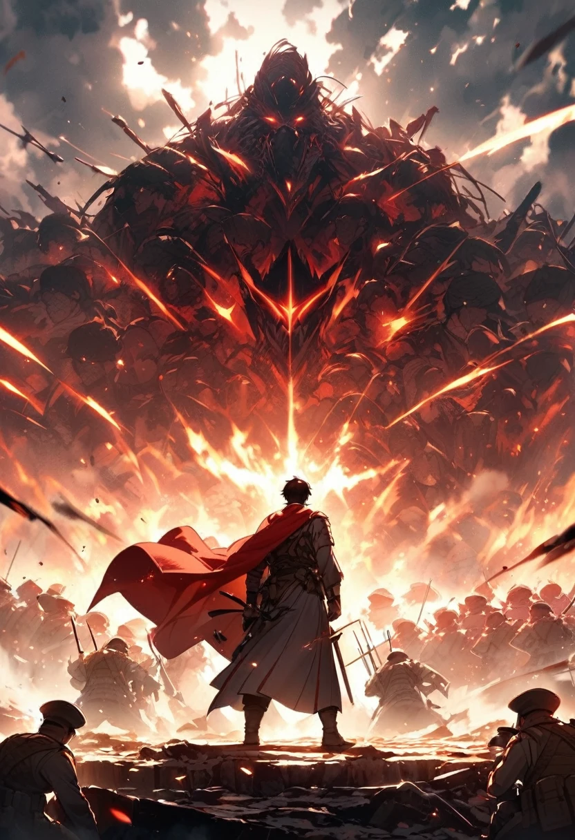 Against the backdrop of a vast battlefield、In the battle, the hero defeats the enemy.、Depict how the name spreads in an instant。The hero is a man wearing a red cape and a flowing kimono.、Standing in a dignified posture、The expression is full of confidence。All around him are traces of war.、Soldiers with weapons in their hands praising the hero、Showing respect。The enemy soldiers stood there, gazing at each other.、The hero&#39;s fame reverberates throughout the country, friend and foe alike.。In the distance you can see a castle、A scene reminiscent of the Sengoku period。