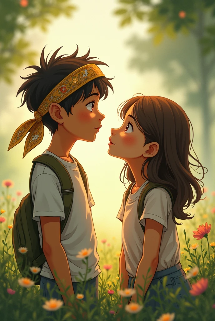 Create a boy with a bandana thinking of his girl, also the girl next to him thinking about him like a cover style of singer Jouzzen's song