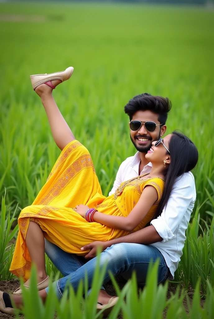 cute indian boy is the girl front chest of a 16
year Indian old girl from both wearing
sunglasses, are playfully in a plants fiel
paddy plants. The woman, dressed in a
vibrant yellow dress with intricate patterns,
is lying on the man's lap while joyfully
kicking one leg in the air. The wearing a
white shirt and casually cuffed jeans, is
smiling down at her as she holds her leg
The background reveals an expansive field
under plants fields, 34K Ultra Quality Image