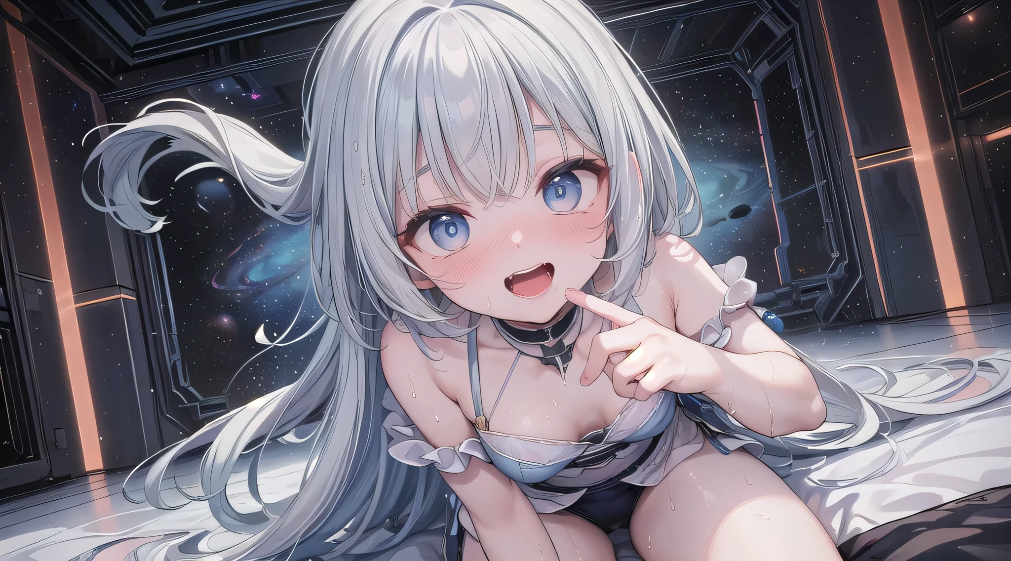 (Highest quality:1.5),(masterpiece:1.5), (detailed:1.5), 8k, (Solo 1.5), (One shot of a tall adult woman:1.5), (A beautiful space characterized by a pale blue color:2), Sitting on the floor,(Embarrassed look:1.87), Wear an off-the-shoulder shirt, Beautiful Eyes, Beautiful whites of eyes, (Wet Skin:1.32), Wet clothes, (縦にOpen your mouth:1.54), (Open your mouth:1.76), Look down, Close angle, Thin legs, Glowing Skin,Small breasts, Short Hair, (laughing out loud:1.78), (Approaching the camera 1.54), dramatic, adult, Broken seiza, Big Mouth, (Thin thigh:1.9), (reddened nose and cheeks:1.87), Long Hair, The area under the nose grows,