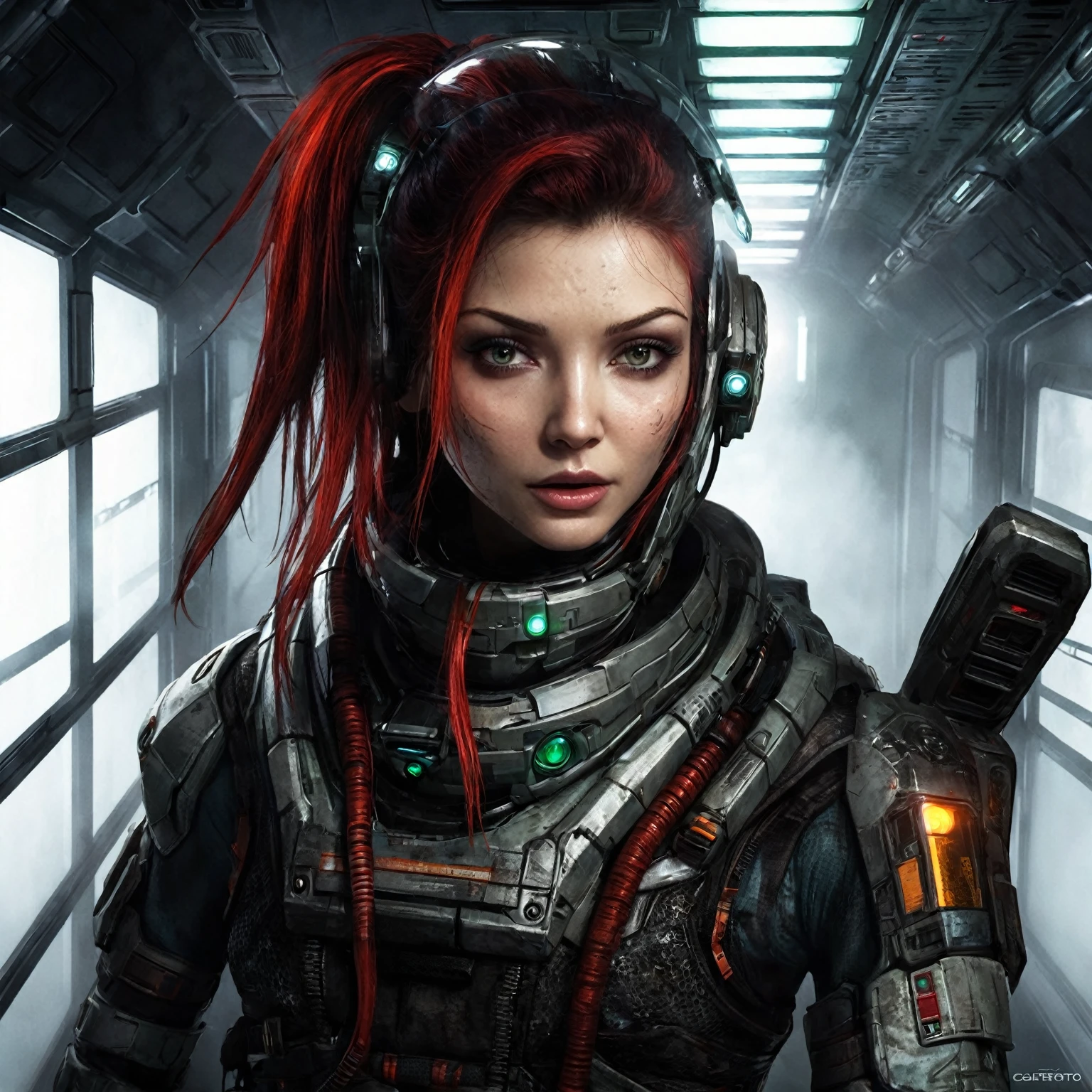 a primitive cannibal woman, stalking the halls of a space ship, hunting an astronaut, detailed facial features, long sharp teeth, tattered clothes, dirty skin, dark eyes, intense glare, aggressive pose, dim lighting, industrial metal interior, ominous atmosphere, sci-fi, cinematic, dramatic lighting, high contrast, gritty, moody, (best quality,4k,8k,highres,masterpiece:1.2),ultra-detailed,(realistic,photorealistic,photo-realistic:1.37)