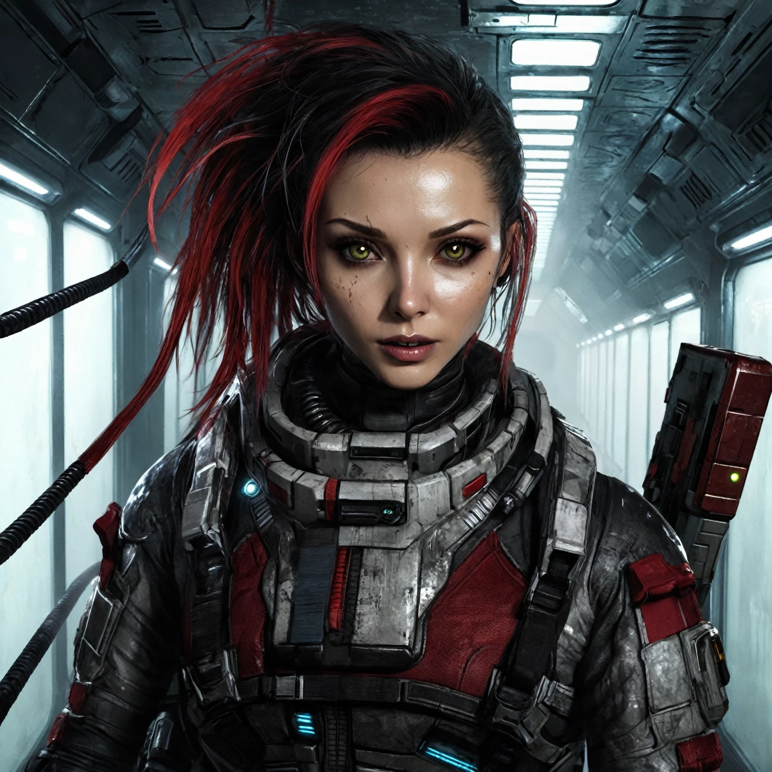 Remake and place in a morbid setting in a spaceship corridor, dark and foggy, with emergency lights on. Custrophobic sensation. Similar to Dead Space environments, The Callisto Protocol e Alien.