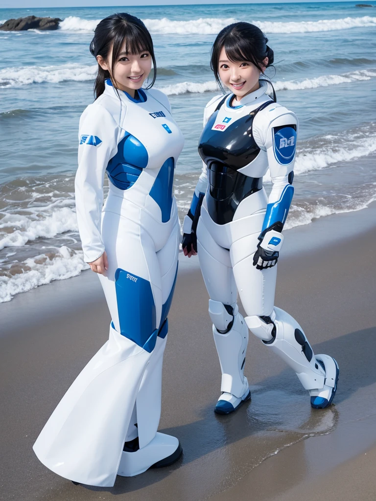 Japanese female android sisters,Black Hair,White and blue robot suit,Plump,Playing on the beach in the evening,smile