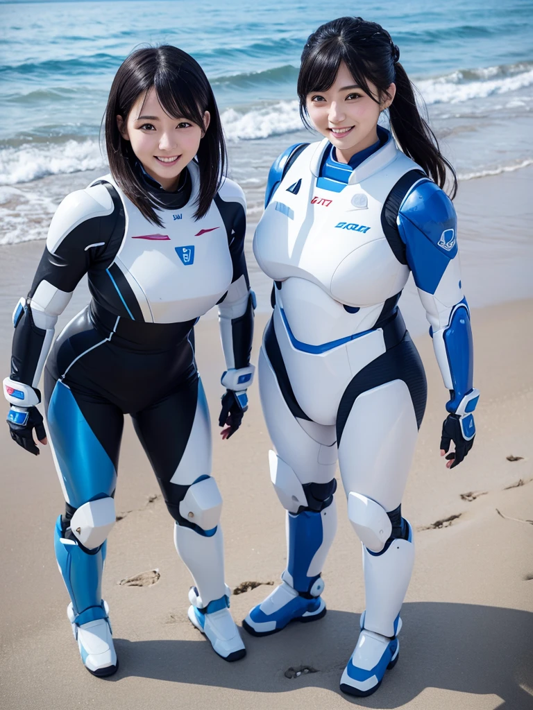 Japanese female android sisters,Black Hair,White and blue robot suit,Plump,Playing on the beach in the evening,smile
