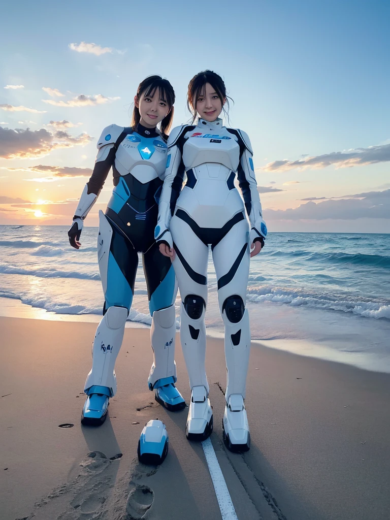 Japanese female android sisters,Black Hair,White and blue robot suit,Plump,Playing on the beach in the evening,smile