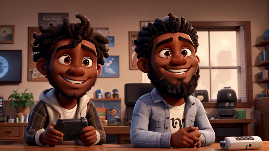brown skin man, Round face, blackquality hair, curlies, beard with gray hairs, playing video game, with a smile of excitement