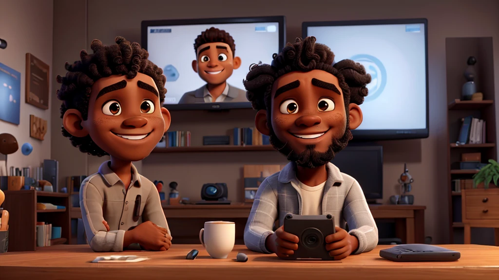 brown skin man, Round face, blackquality hair, curlies, beard with gray hairs, playing video game, with a smile of excitement