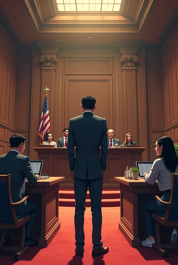 A lawyer standing between two places whr the victims will be standing for questioning and also a judge seated at a higher level animated