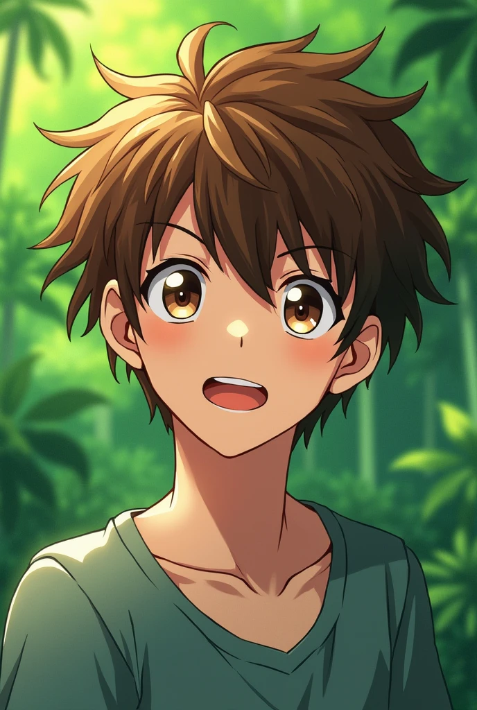 Anime man brown hair green background