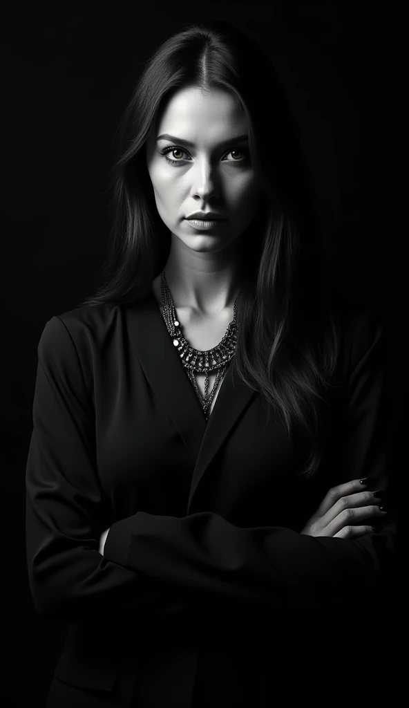 This image is a portrait of a woman taken in black and white against a pitch black background. The woman is wearing a pitch black dress with a large necklace on it. Her hair is long and her eyes give a strong impression. The overall atmosphere is dark, but the women's expressions are serious and powerful.
This image is a portrait of a woman taken in black and white against a pitch black background. The woman is wearing a pitch black dress with a large necklace on it. Her hair is long and her eyes give a strong impression. The overall atmosphere is dark, but the women's expressions are serious and powerful.
