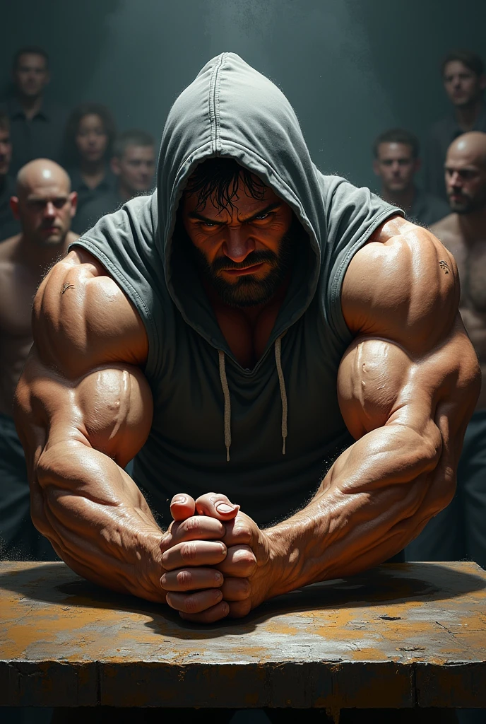 Arm wrestler with hoodie
