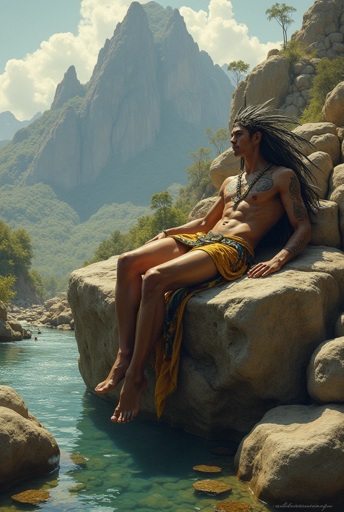 Make Quetzalcoatl in human form resting on a rock and in the background a mountain and a river