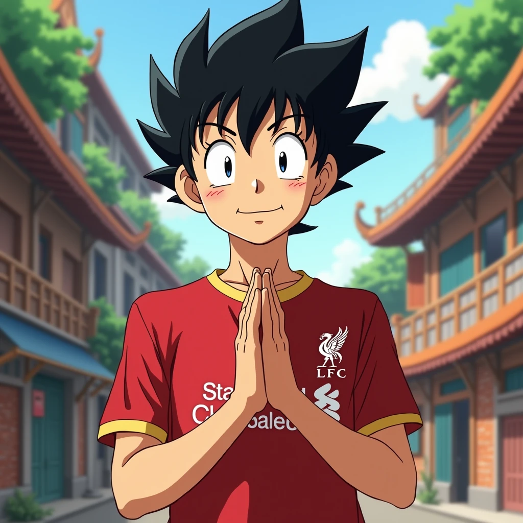 Handsome young man smiling in Toriyama Akira style, bowing like a Thai person and wearing a Liverpool shirt, standing in a cartoon style. High-quality dynamic photos, detailed and colorful. Realistic and colorful poses.