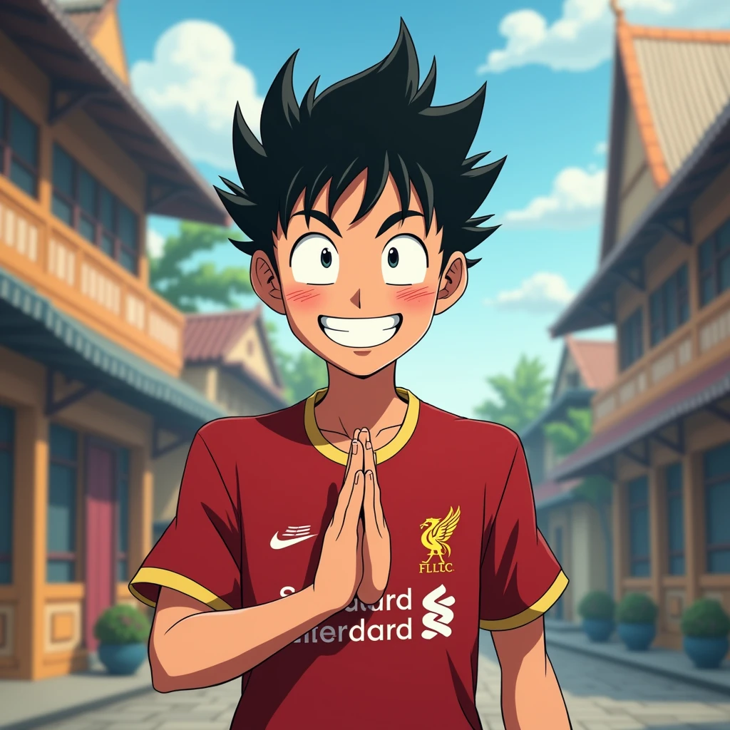 Handsome young man smiling in Toriyama Akira style, bowing like a Thai person and wearing a Liverpool shirt, standing in a cartoon style. High-quality dynamic photos, detailed and colorful. Realistic and colorful poses.