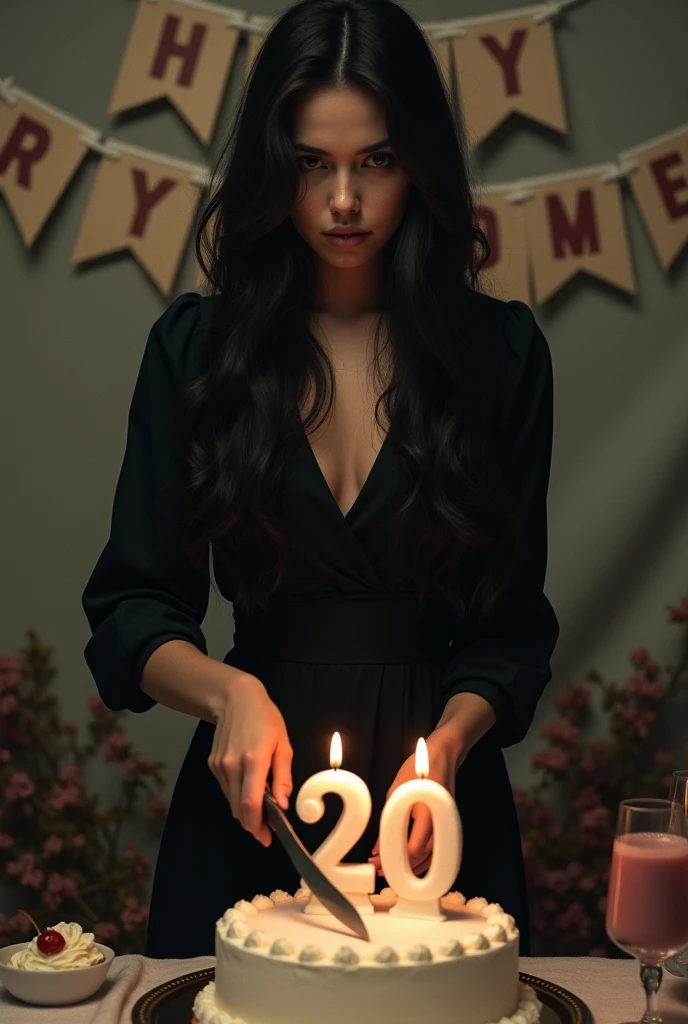 The beautiful women cut she's birthday cake alone ( use knife ) on the cake 20 latter number candle and she face full of sadness and background "Happy Birthday To Me " banner and she's waring black frock with full sleeve and covered nack dress and long hair