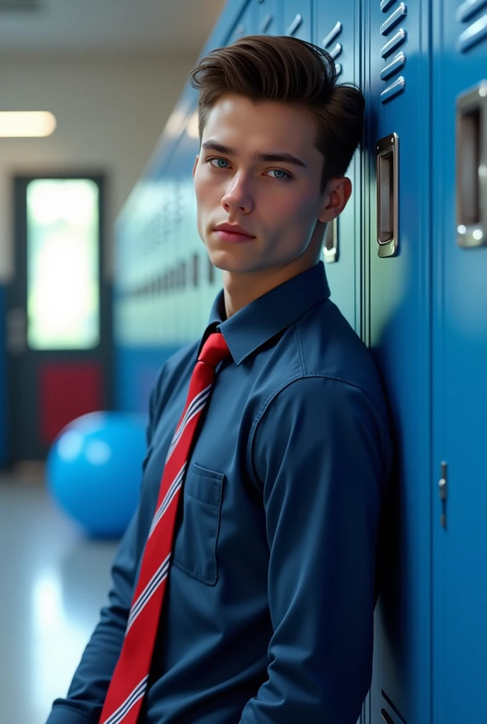 zoomed out image, I want a young man of 1, beautiful, with dark brown hair and blue eyes, Without beard, clean face, fit, dressed in his school uniform, blue long sleeve shirt, corbata roja con white, leaning on a school locker, blue colour ball, white, negro, red